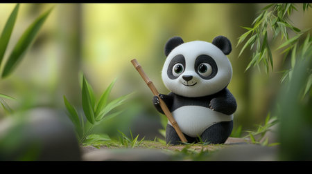 A single cartoon panda figure holding a bamboo stick, with wide eyes and a soft smile.の素材