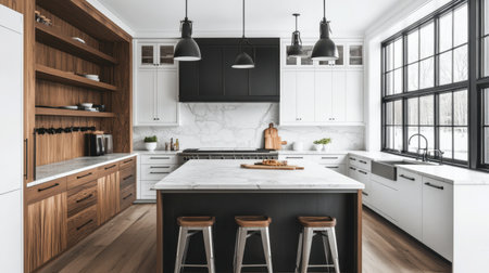 A sleek black and white farmhouse kitchen with warm wooden tones, metal stools, and elegant marble countertops.の素材