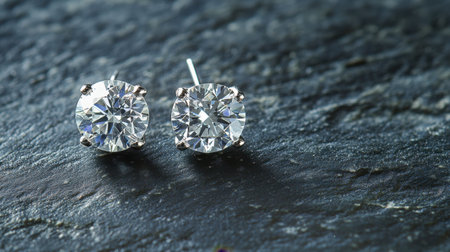 A single pair of diamond earrings shot from above on a slate background.の素材