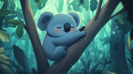 A single cartoon koala hugging a tree branch, looking relaxed and happy.の素材