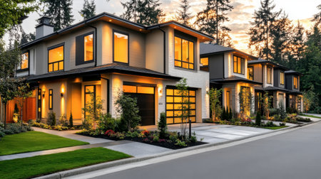 A row of stylish modern townhouses featuring neutral tones, geometric architecture, and contemporary landscaping.の素材