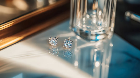 A single pair of luxurious diamond earrings captured in natural daylight beside a vanity mirror.の素材
