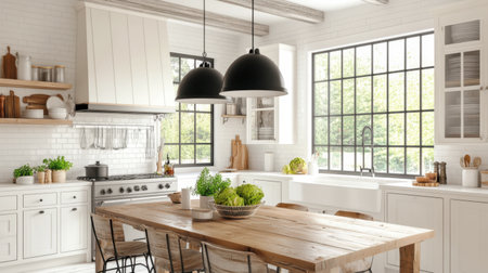 A modern farmhouse kitchen with a rustic wooden table, vintage-inspired bar stools, and oversized pendant lights.の素材