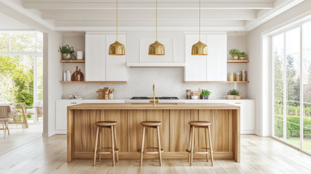 A modern yet cozy farmhouse kitchen featuring a wooden breakfast bar, comfortable stools, and elegant brass fixtures.の素材