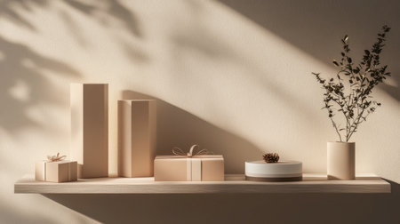 A modern room with neatly arranged gift boxes in various sizes and colors, placed on a minimalist shelf.の素材