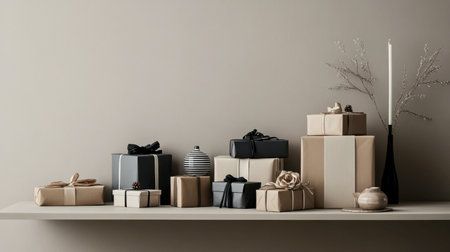 A modern room with neatly arranged gift boxes in various sizes and colors, placed on a minimalist shelf.の素材