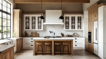A small yet cozy modern farmhouse kitchen with a minimalist touch, featuring a combination of wood and matte finishes.の素材