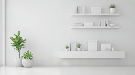 A minimalist home with neutral-colored storage boxes arranged on a floating console.の素材