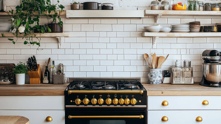 A sleek farmhouse kitchen with contemporary touches, including gold hardware, open shelving, and subway tile backsplash.の素材