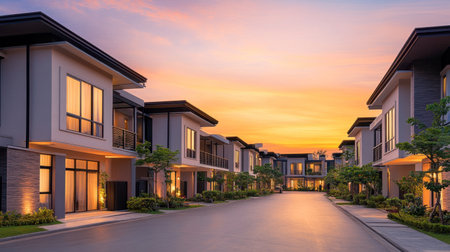 A row of stylish modern homes under golden hour light with smooth textures.の素材