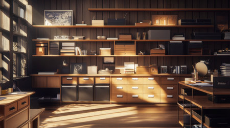 A cozy workspace with neatly arranged organizer boxes on a wooden desk, blending functionality and beauty.の素材