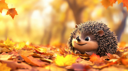 A cartoon hedgehog figure rolled up into a cute ball, surrounded by autumn leaves.の素材
