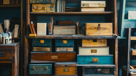 A creative studio space with well-organized craft boxes stacked neatly on a wooden shelf.の素材