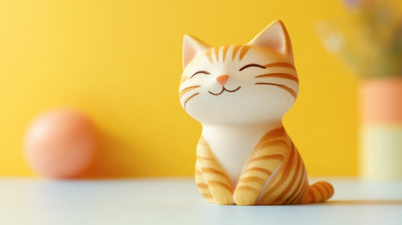 A cute cartoon cat figure sitting with a playful expression on a pastel background.の素材