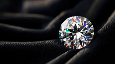 A breathtaking faceted diamond, sparkling with fire and brilliance, showcased against a black velvet cloth.の素材