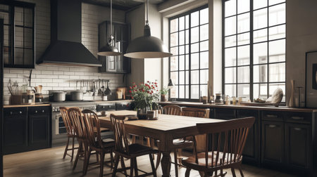 A simple yet elegant modern farmhouse kitchen with a rustic dining table, black-framed windows, and a cozy ambiance.の素材