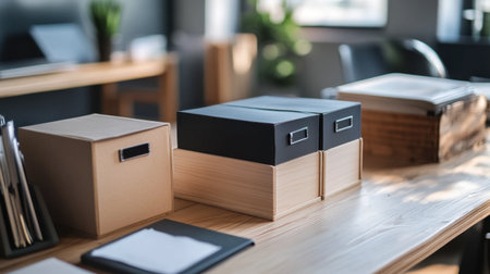 A cozy workspace with neatly arranged organizer boxes on a wooden desk, blending functionality and beauty.の素材