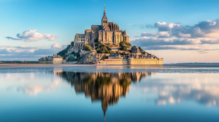 The towering beauty of Mont Saint-Michel, France, rising above the tidal flats like a medieval fortress.の素材