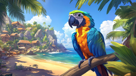 A cartoon parrot figure with vibrant feathers, sitting on a tropical branch.の素材