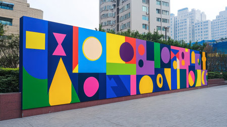 Abstract shapes and symbols stretch across a long wall in Hongdaes creative zone.の素材