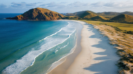 Aerial view of turquoise sea meeting dramatic cliffs at Lucky Bay, Western Australiaの素材