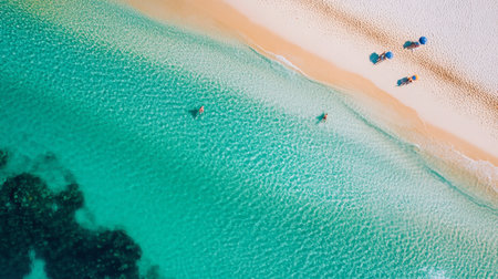 Aerial view of Whitehaven Beach in Whitsundays, showing turquoise waters and swirling white sand patternsの素材