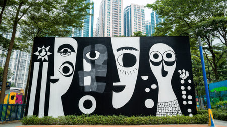 A black-and-white mural with surreal characters stands out among colorful surroundings in Hongdae.の素材