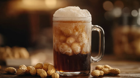 A classic mug-shaped glass of root beer with a frothy head, placed on a wooden table with peanuts besideの素材