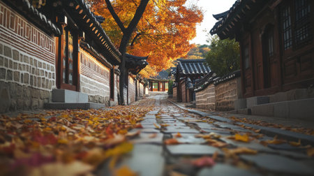 Autumn leaves scattered along an alleyway in Bukchon Hanok Village.の素材