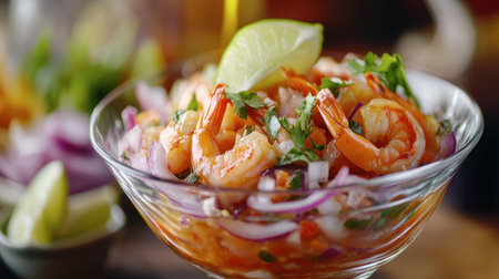 A ceviche dish with marinated shrimp, red onion, lime juice, and cilantro in a glass bowl.の素材