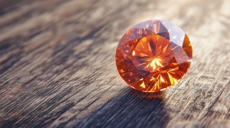 A brilliant sunstone gem with shimmering orange sparkles, displayed against a rustic wood background.の素材