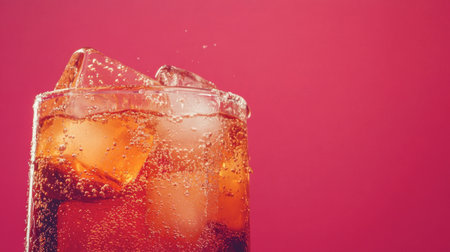 A clear glass of fizzy cola with ice cubes against a vibrant red background, capturing the carbonation in motionの素材