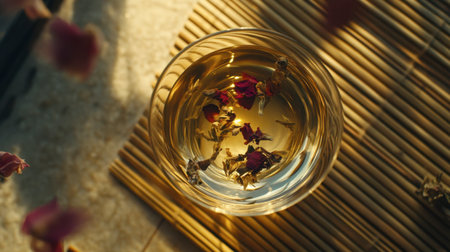 A clear teacup filled with herbal tea and visible dried flowers, placed on a bamboo matの素材