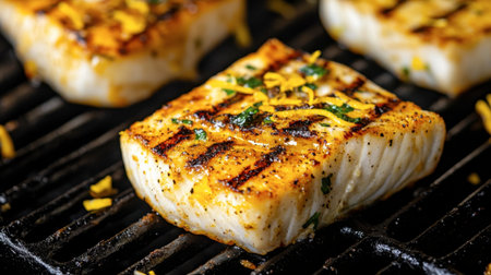 A close-up of grilled swordfish steak with grill marks and lemon zest.の素材