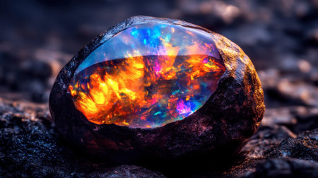 A fiery opal gem shimmering with multicolor light flashes, captured on a neutral background for high contrast.の素材