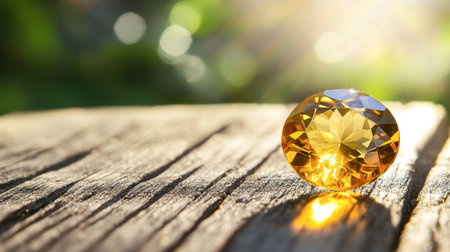 A flawless citrine gem glowing under sunlight, captured on wooden table.の素材