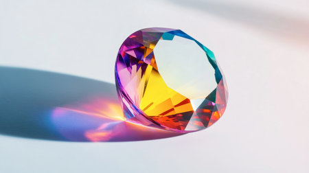 A dramatic photo of a faceted gem casting colorful shadows, isolated on white.の素材