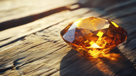 A flawless citrine gem glowing under sunlight, captured on wooden table.の素材
