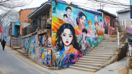 A dynamic wall in Hongdae painted with K-pop figures and fan art celebrating pop culture.の素材