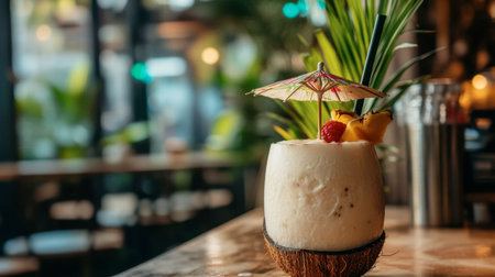 A fresh coconut drink served in a glass with a tropical umbrella and fruit garnishの素材