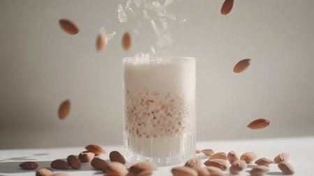 A clear glass of almond milk on a white background, surrounded by scattered almondsの素材