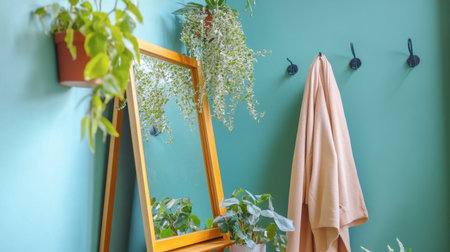 A bright dressing room corner with a standing mirror, coat rack, and hanging plants.の素材