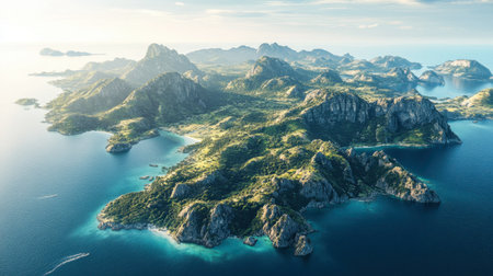 Aerial view of Phi Phi Islands with turquoise waters and dramatic limestone cliffs under a sunny skyの素材