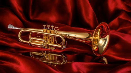 A bugle resting on red cloth with brass reflectionの素材