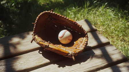 A baseball glove holding a white baseball on wooden surface, nostalgic sports feelの素材