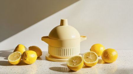 A citrus juicer surrounded by lemon halves on a light surface, tool-focused food prep sceneの素材