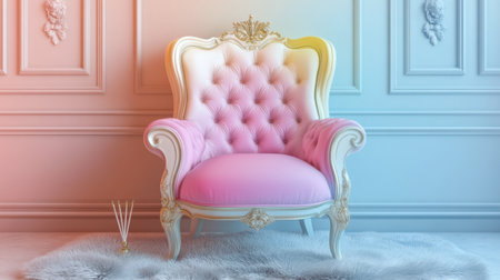 A pastel princess chair on a fluffy rug with a tiara and wand placed gently on the seat.の素材