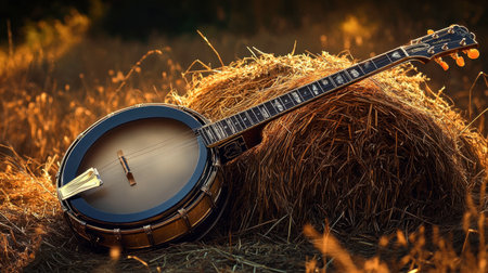 A shiny banjo resting against a haystack outdoorsの素材