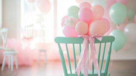 A pastel pink and mint green chair with ribbons tied to the back, in a dreamy birthday scene.の素材