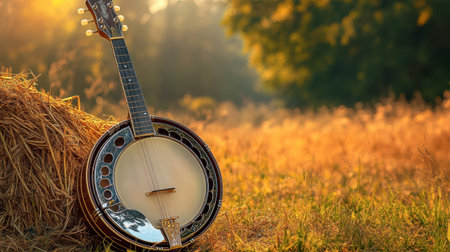 A shiny banjo resting against a haystack outdoorsの素材